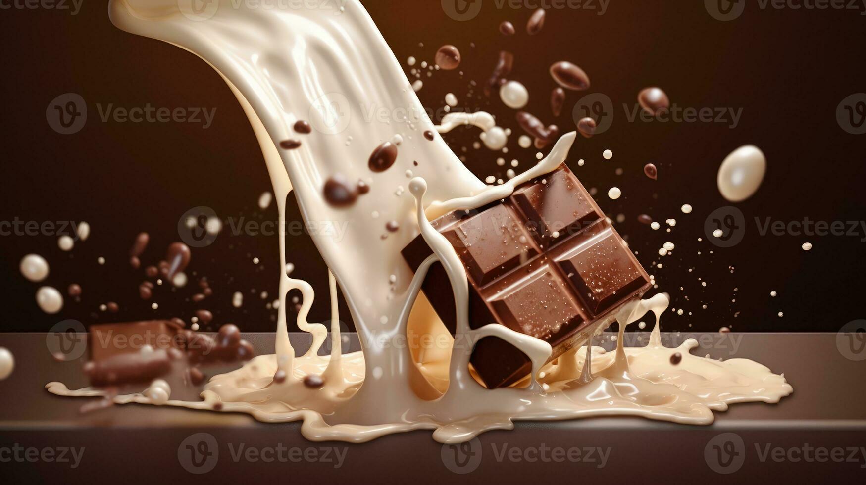 Chocolate bar with milk splash. Chocolate bar falling into milk cream. Product packaging design and advertisement elements concepts. AI Generated photo