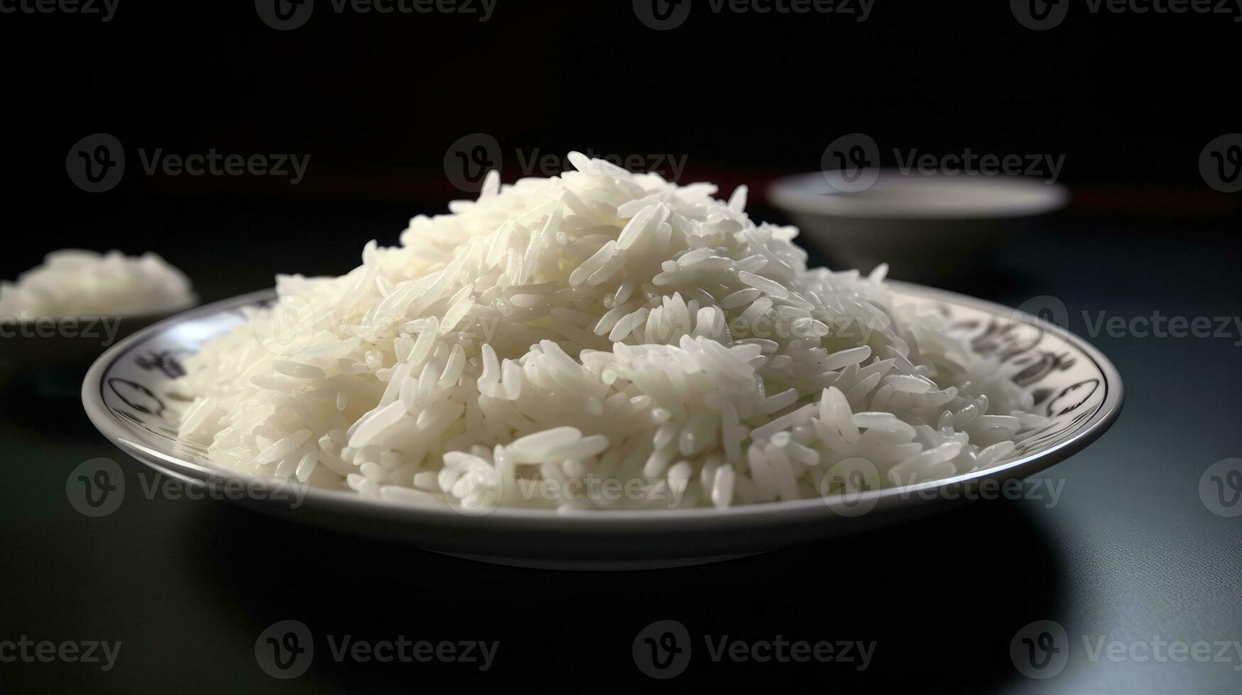 Cooked white rice on a plate isolated on dark background. Close Up view. AI Generated photo