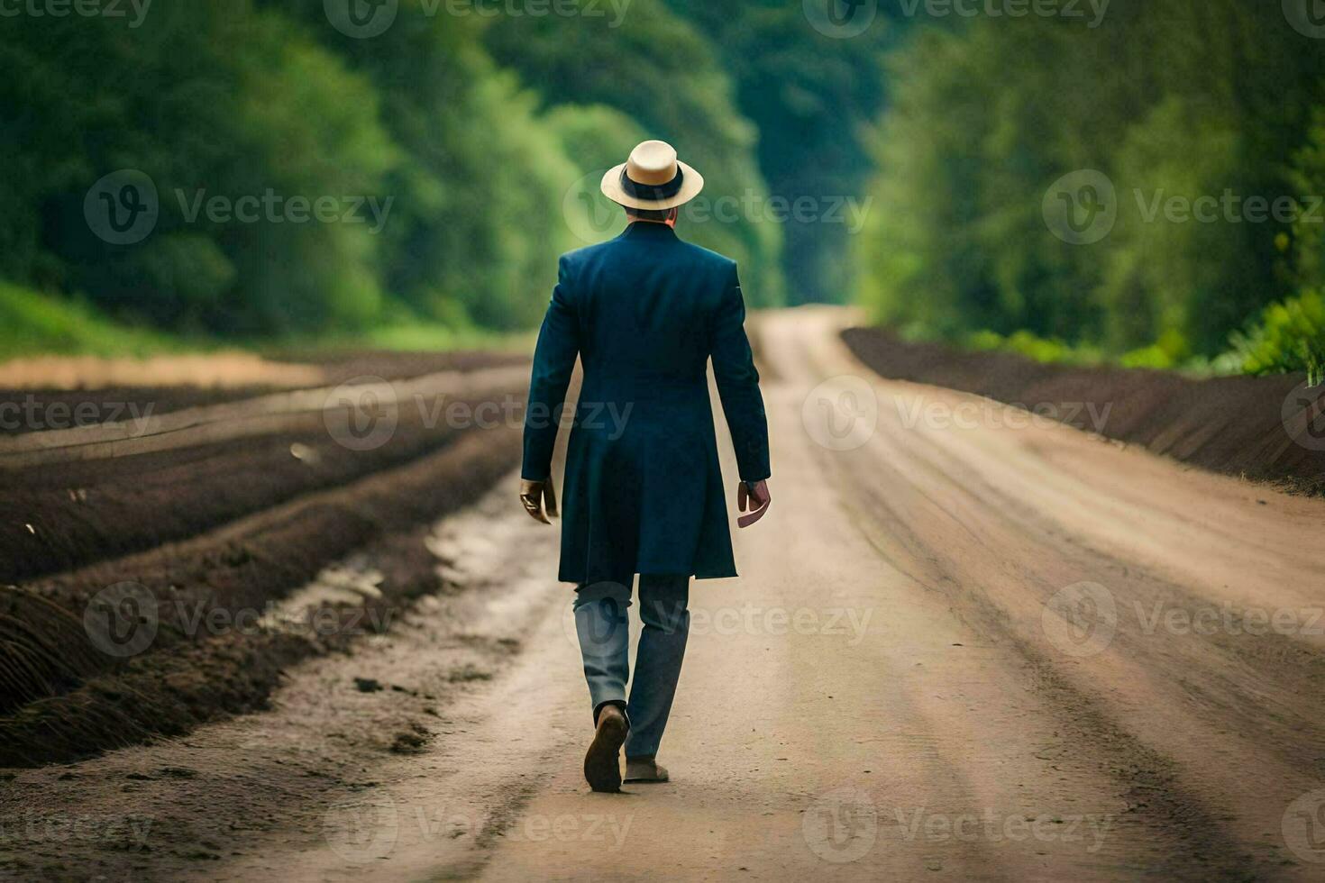 a man in a hat and suit walking down a dirt road. AI-Generated photo