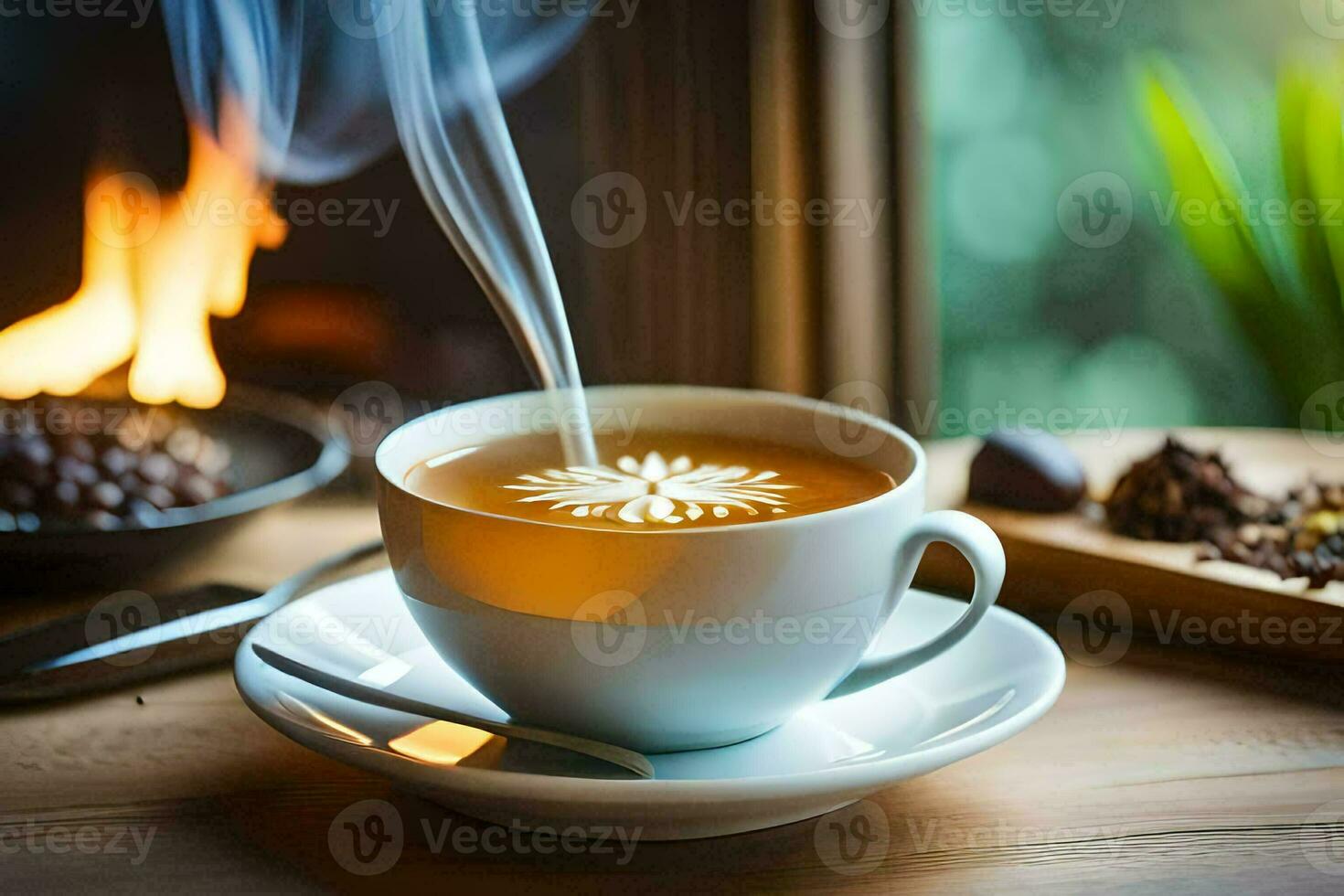 a cup of coffee with a steaming cup of coffee on a table in front of a fireplace. AI-Generated photo