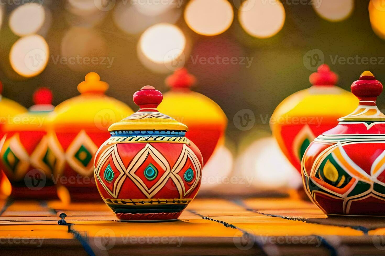 colorful wooden pots on a table with lights. AI-Generated photo