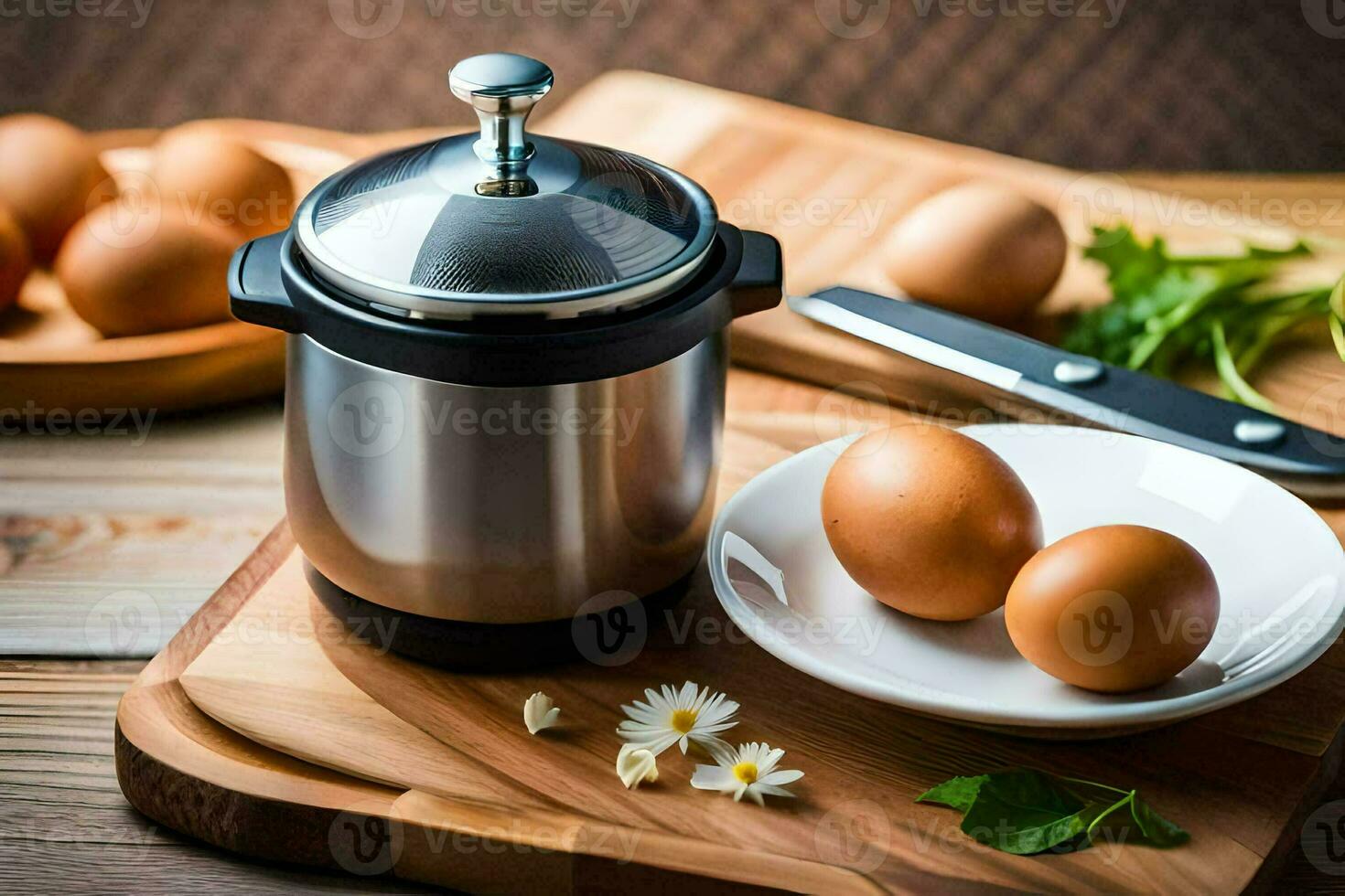 a stainless steel pot with eggs on a cutting board. AI-Generated photo