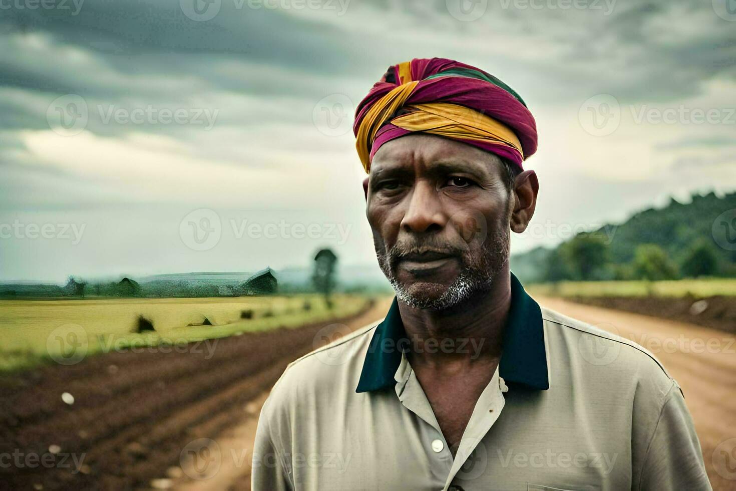a man wearing a colorful turban stands in a dirt road. AI-Generated photo