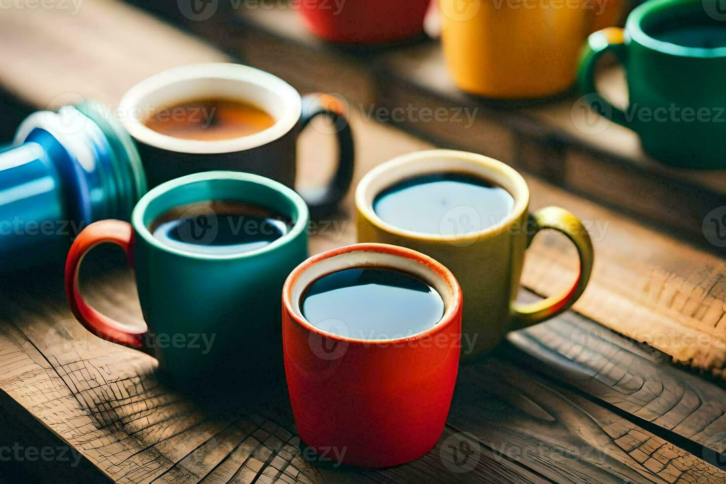 colorful coffee cups on a wooden table. AI-Generated photo