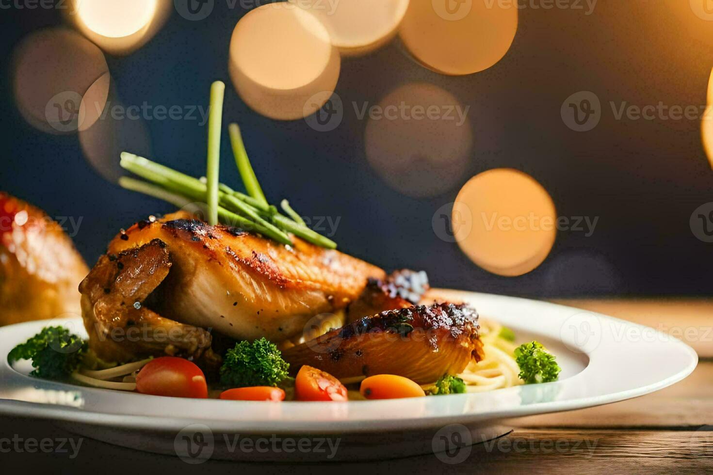 a plate of food with chicken and vegetables. AI-Generated photo