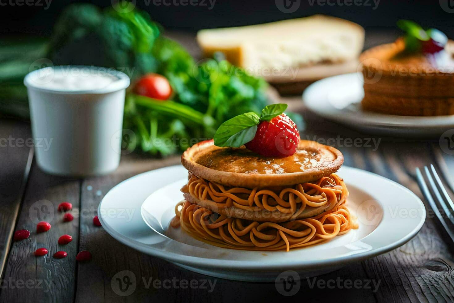 a plate of spaghetti with a strawberry on top. AI-Generated photo