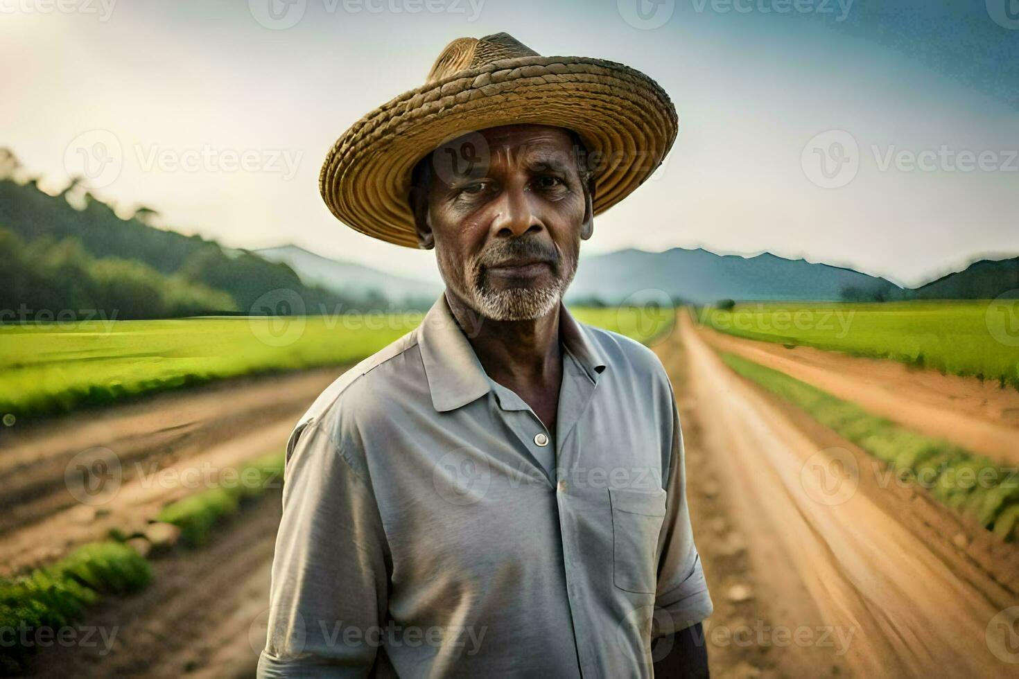 an african man in a straw hat standing in a field. AI-Generated photo