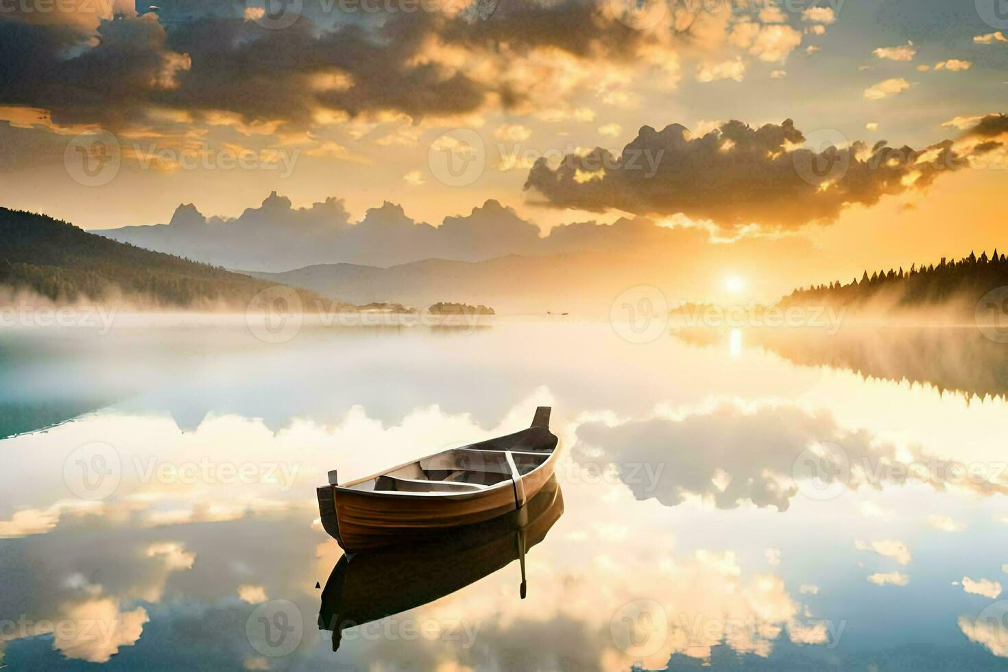 a boat on a calm lake at sunrise. AI-Generated photo