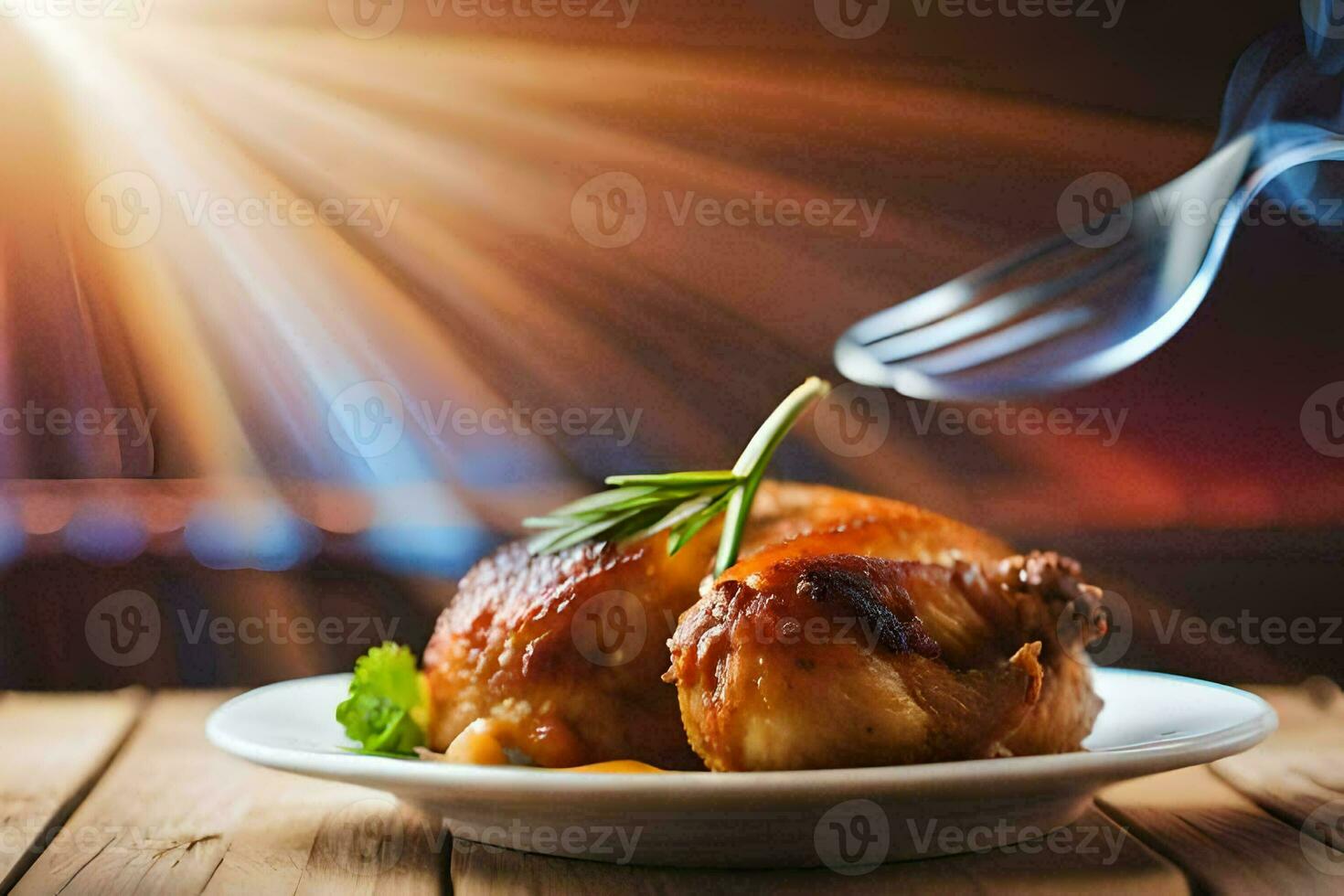 pollo en un plato con tenedor. generado por ai foto