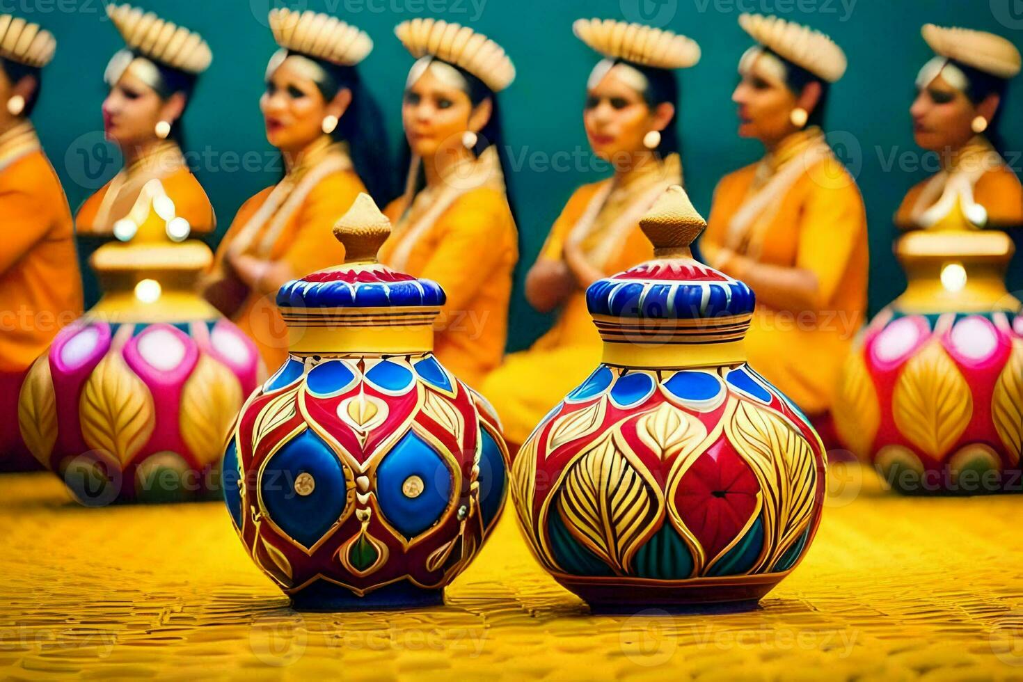 a group of women in colorful costumes are sitting around a table. AI-Generated photo