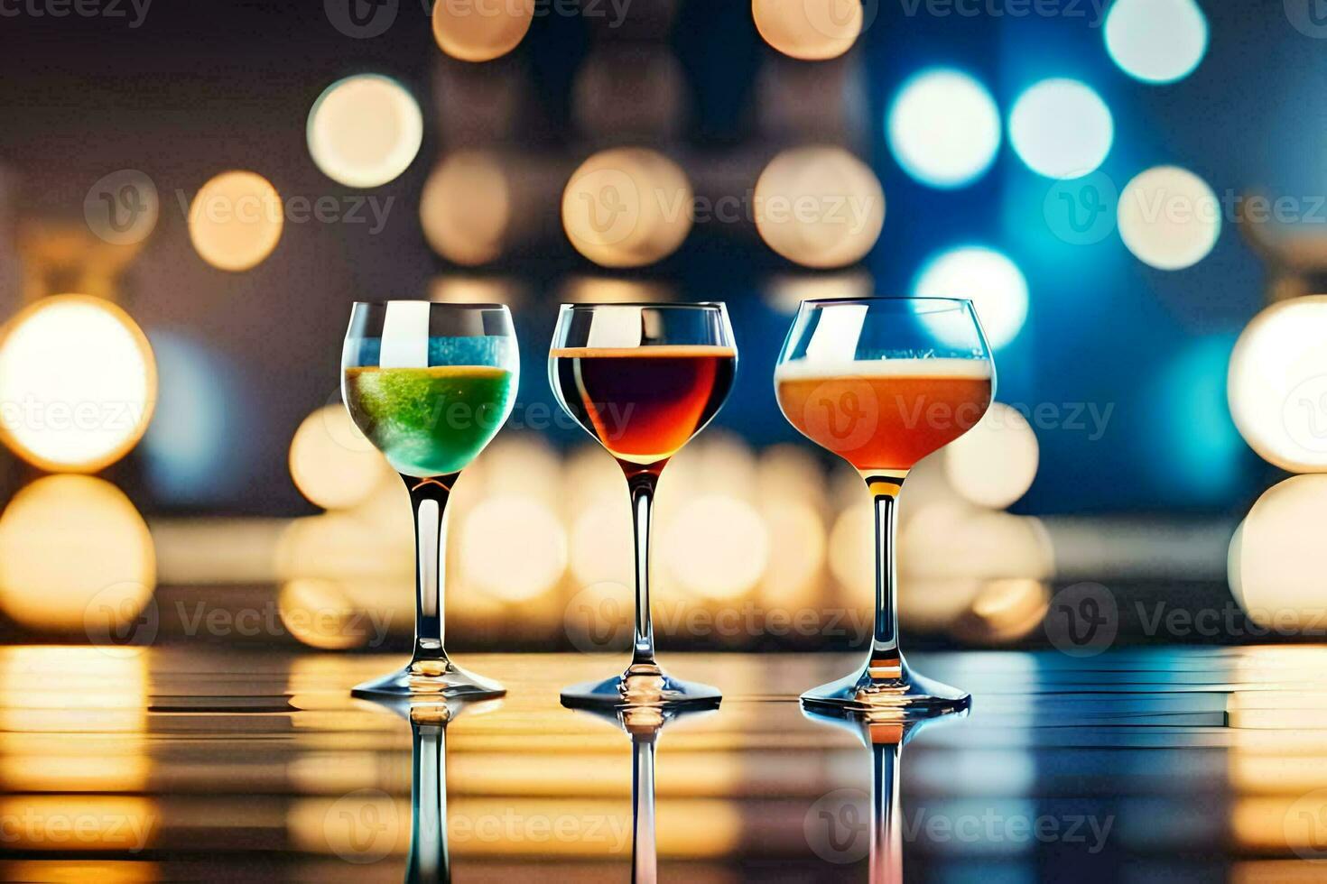 three glasses of different colored drinks on a bar. AI-Generated photo