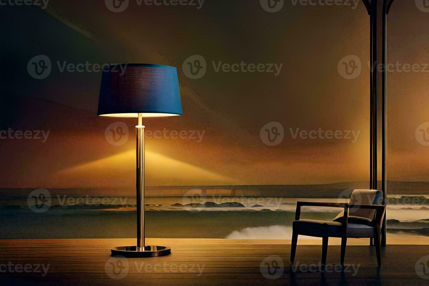 a lamp on a wooden floor in front of a chair. AI-Generated photo