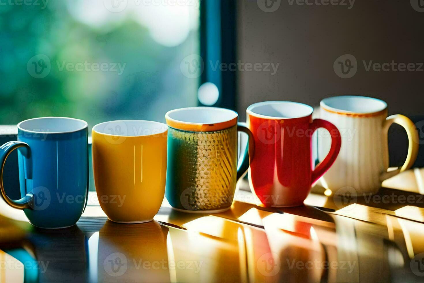 five colorful coffee mugs lined up on a table. AI-Generated photo