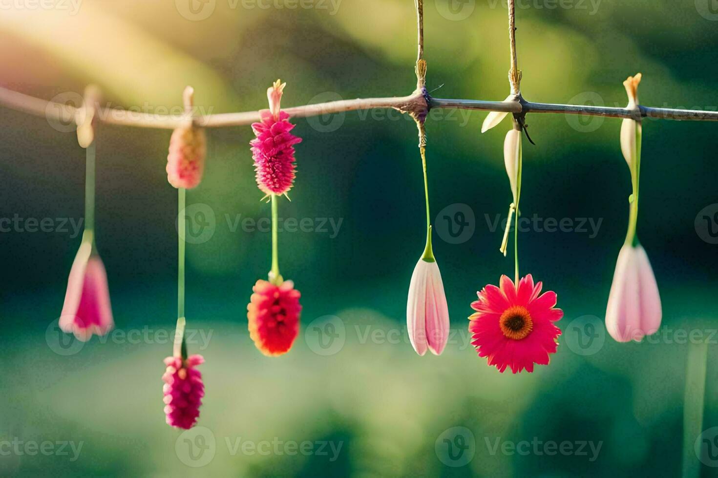 flowers hanging from a clothesline. AI-Generated photo