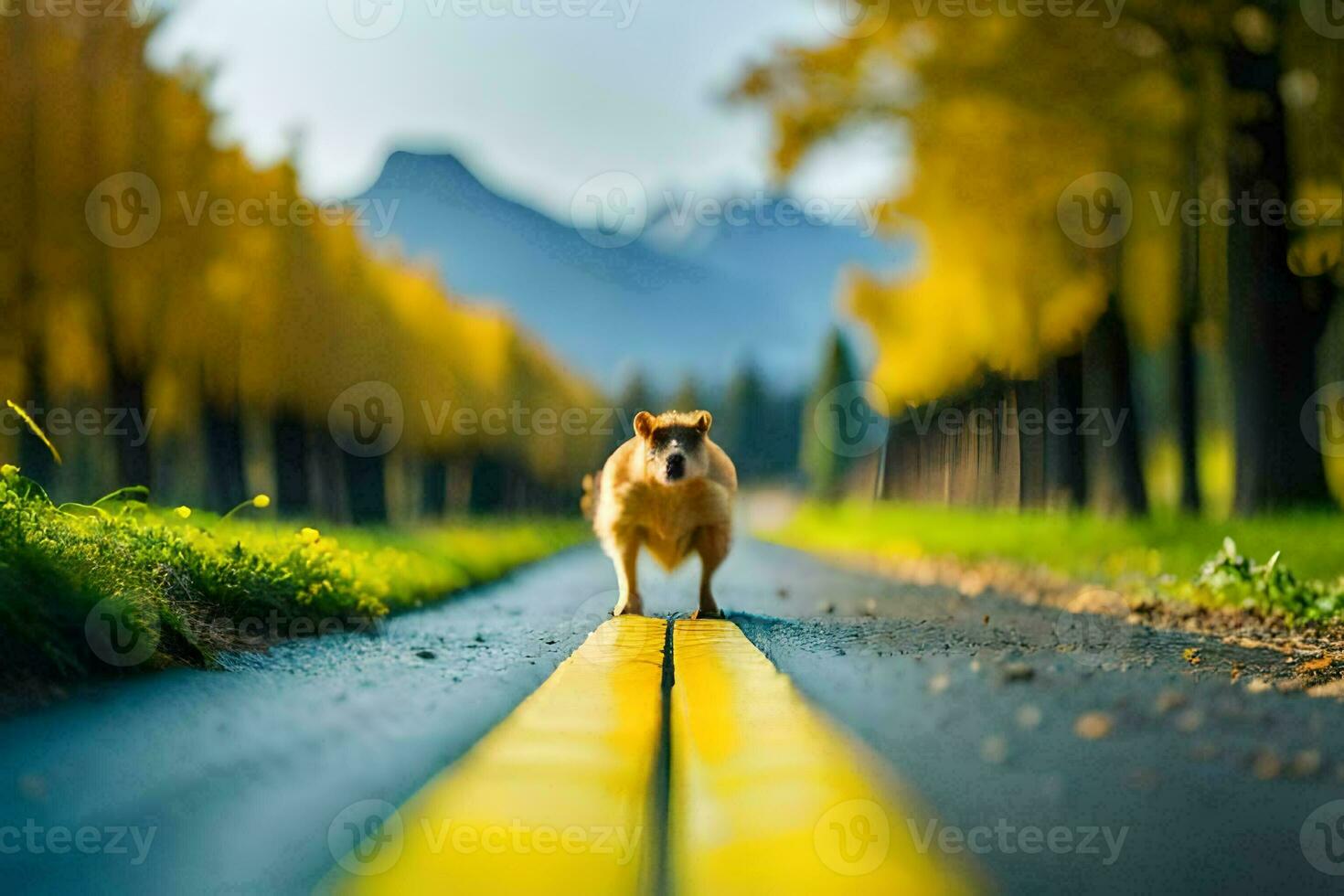 a dog walking along a road in the middle of a field. AI-Generated photo