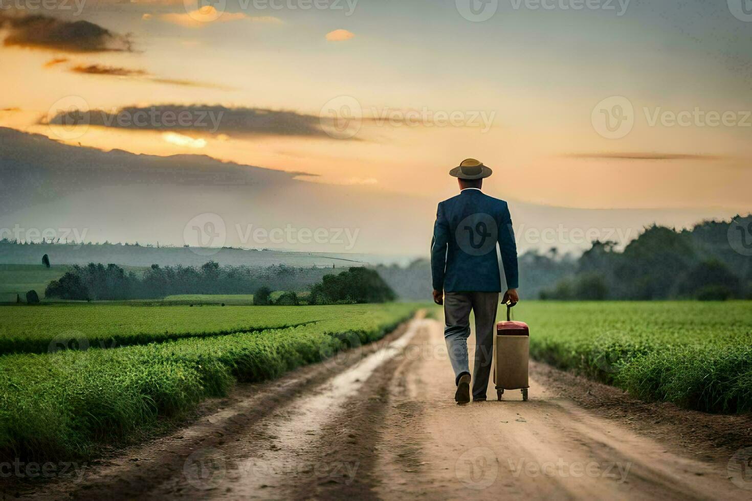 a man with a suitcase walks on a dirt road. AI-Generated photo