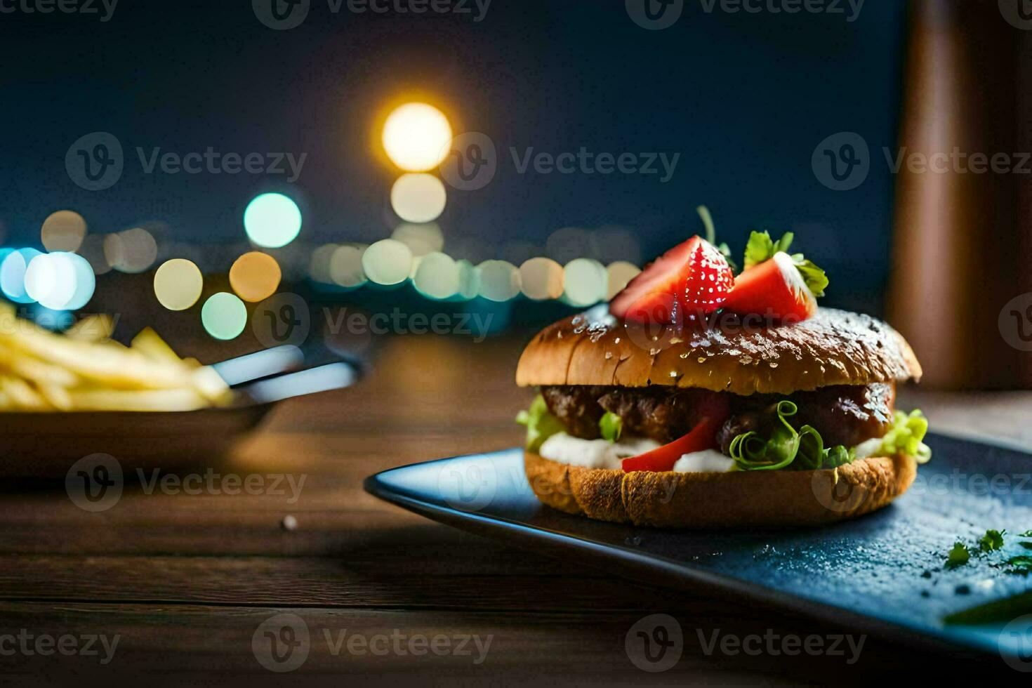a hamburger with strawberries and cheese on a plate. AI-Generated photo