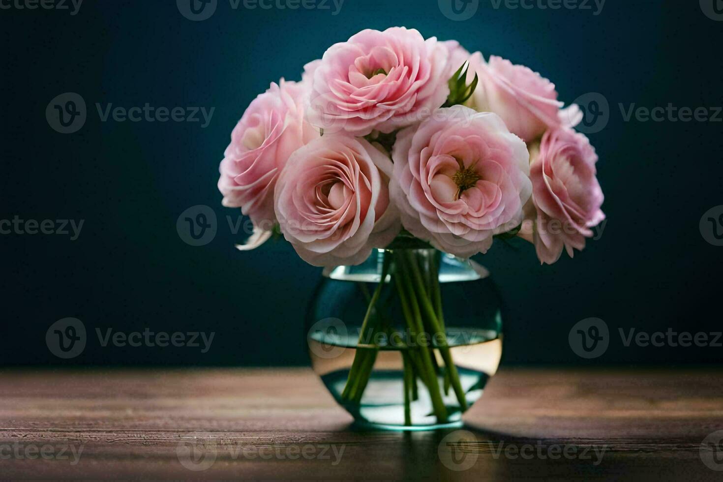 pink roses in a vase on a wooden table. AI-Generated photo