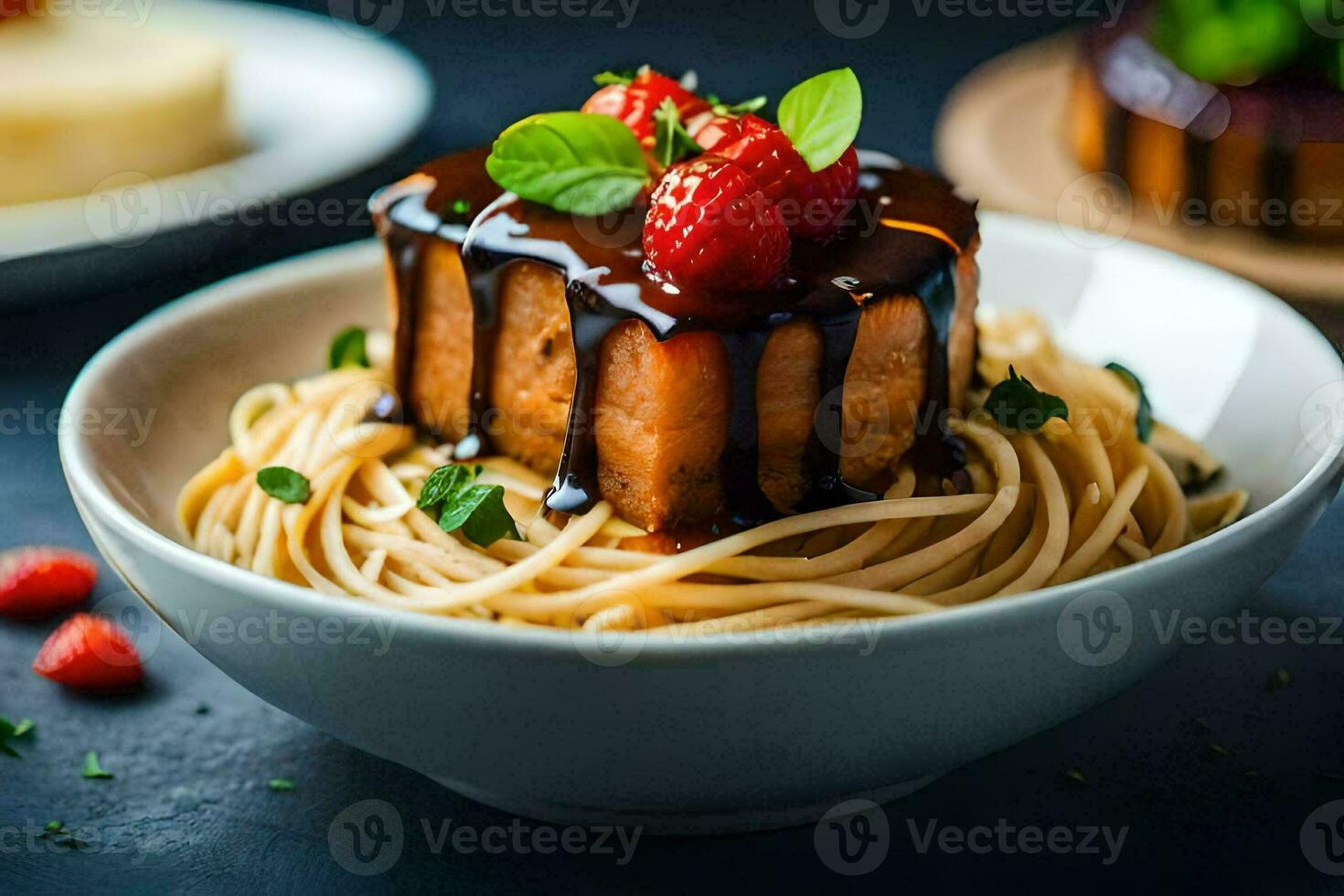 a plate of spaghetti with a piece of tofu on top. AI-Generated photo