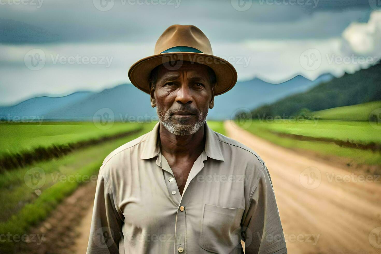a man in a hat standing on a dirt road. AI-Generated photo