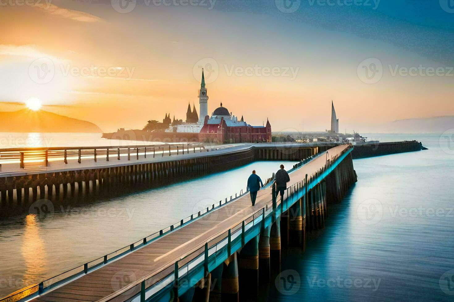 a couple walking on a pier in front of a church. AI-Generated photo