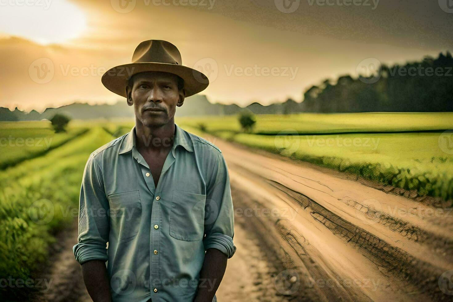 a man in a hat standing on a dirt road. AI-Generated photo