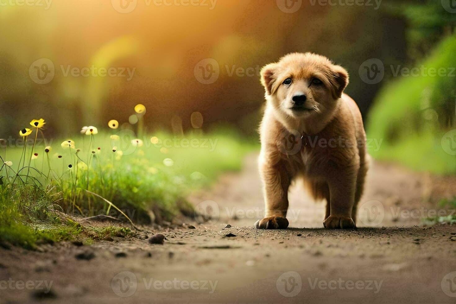 a puppy is walking down a dirt road. AI-Generated photo