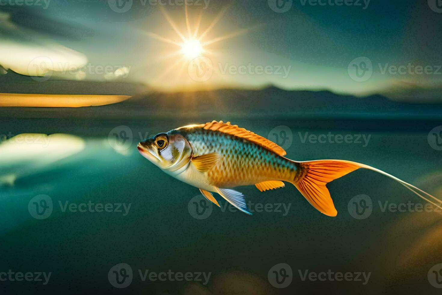 a fish is flying through the air at sunset. AI-Generated photo