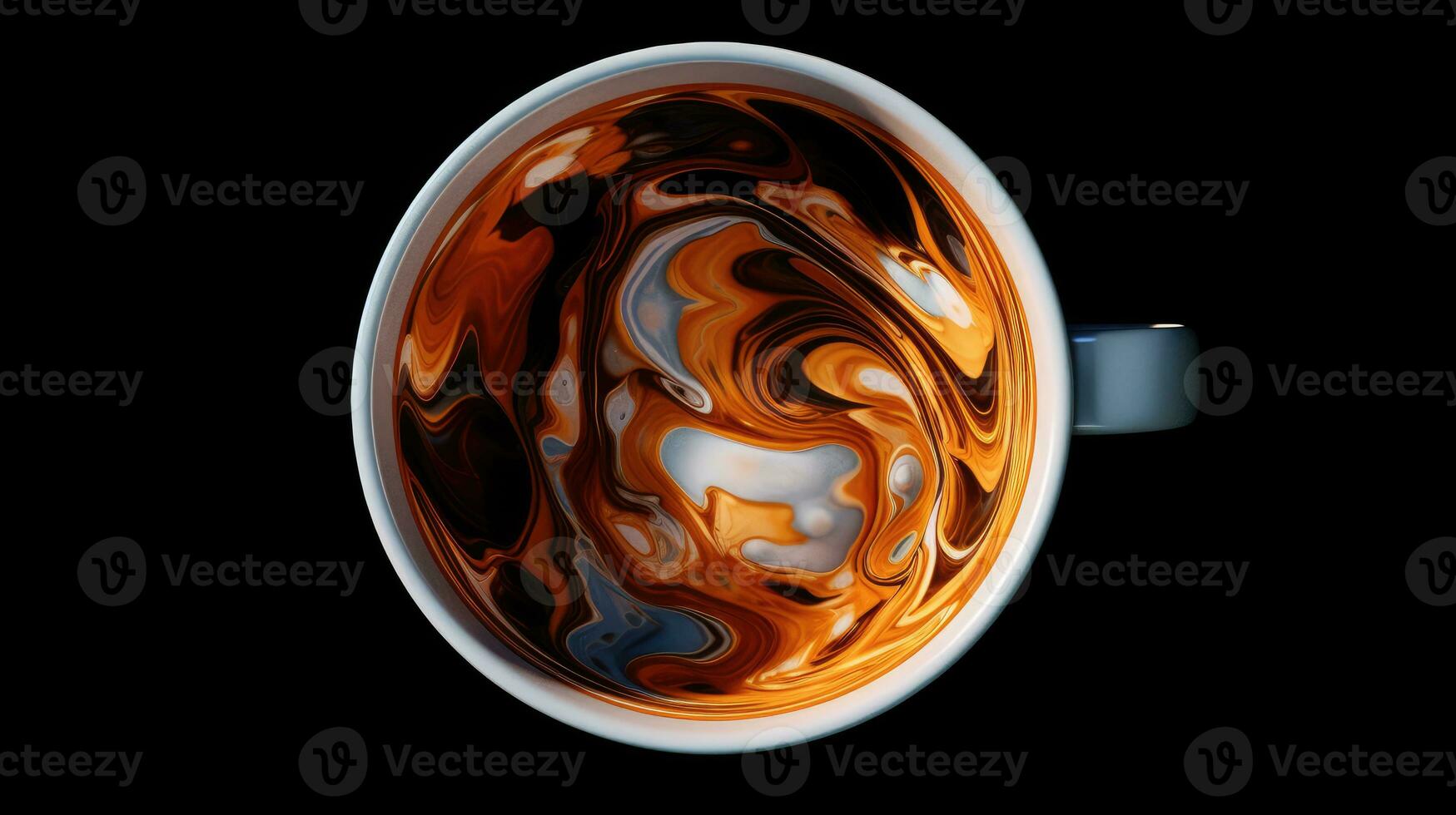 Top view of hot coffee cappuccino spiral foam isolated on dark background. AI Generated photo