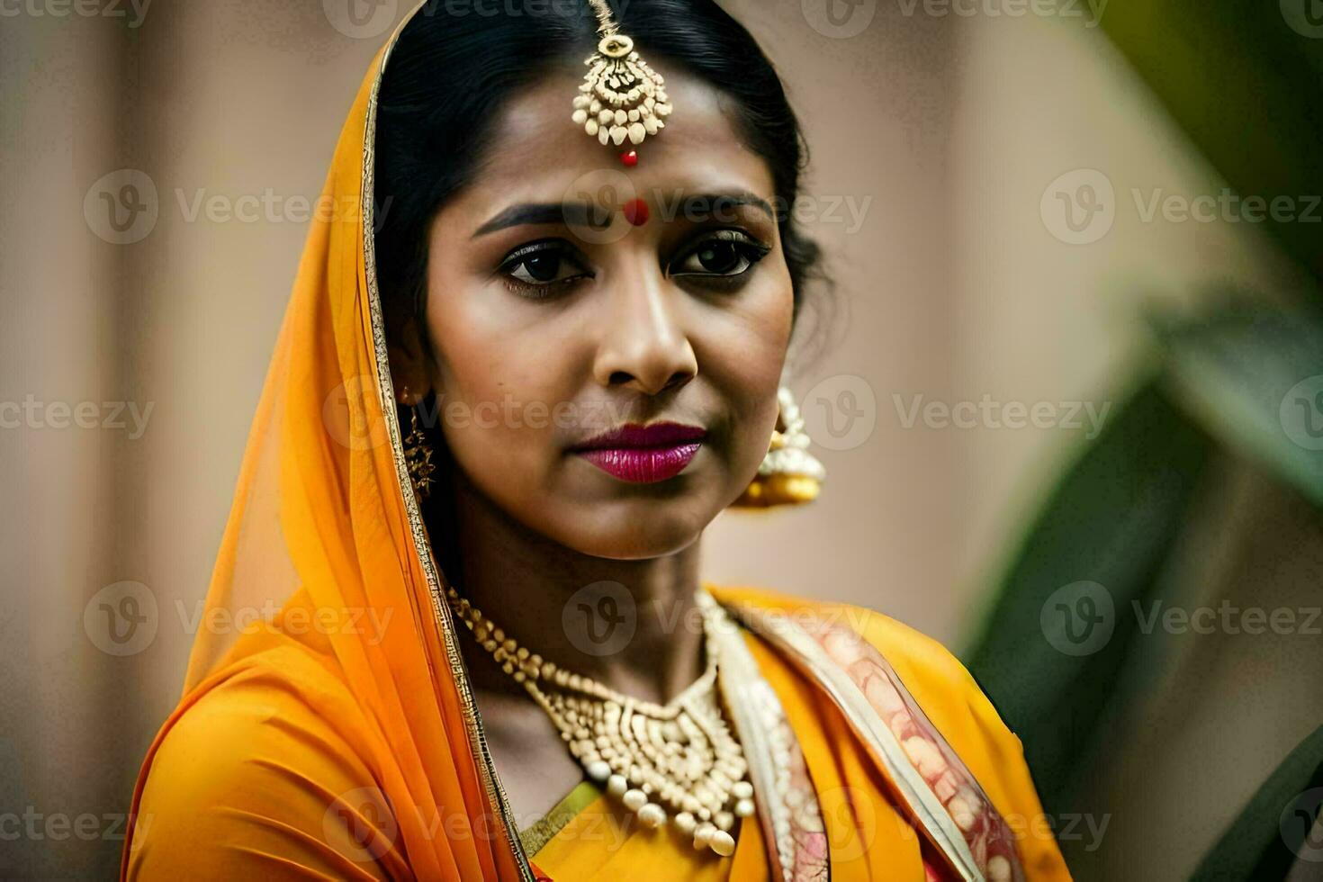 a woman in an orange sari with gold jewelry. AI-Generated photo