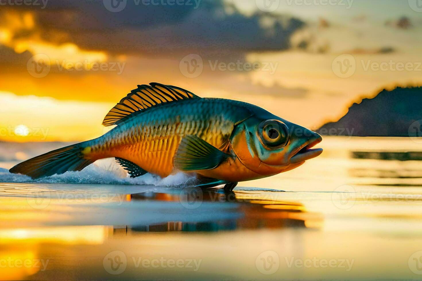 a fish is walking on the beach at sunset. AI-Generated photo
