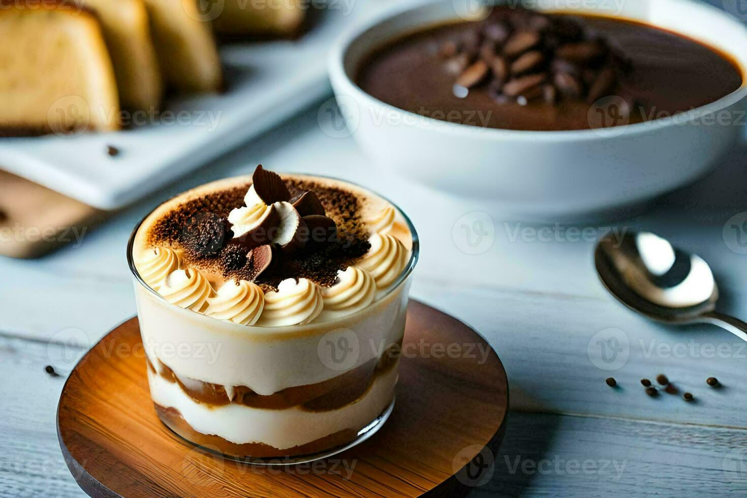 a dessert in a glass with a spoon. AI-Generated photo