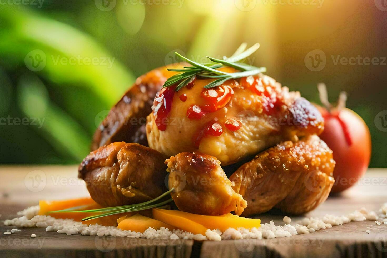 a chicken with vegetables and tomato sauce on a wooden table. AI-Generated photo