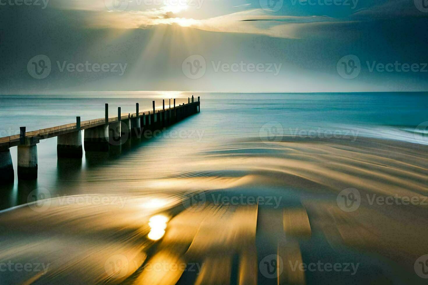 a long exposure photograph of a pier in the ocean. AI-Generated photo