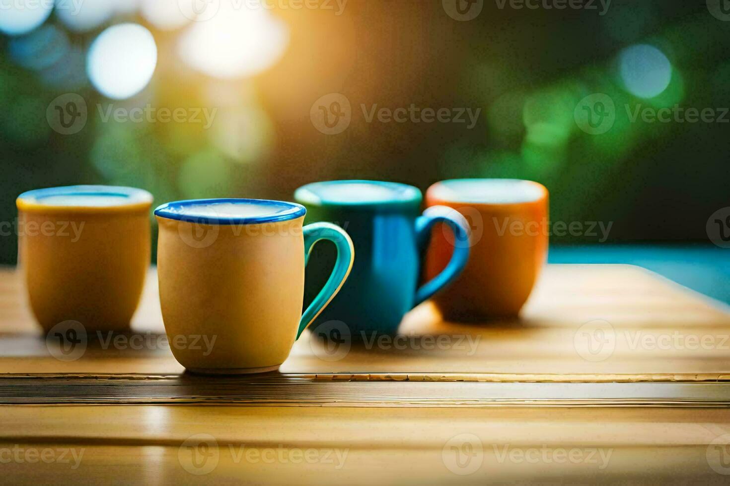 colorful coffee cups on a wooden table. AI-Generated photo