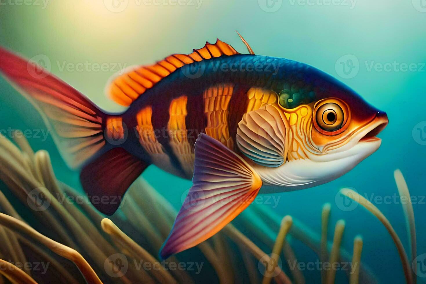 fish in the ocean with grass and plants. AI-Generated photo