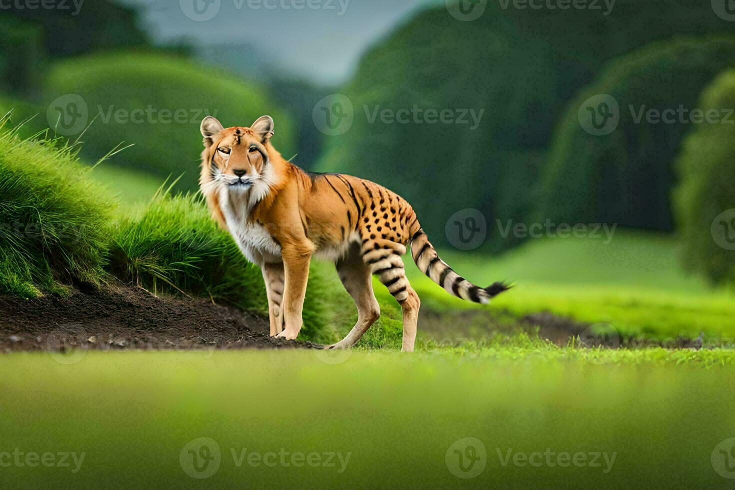 a tiger standing in the grass on a green field. AI-Generated photo