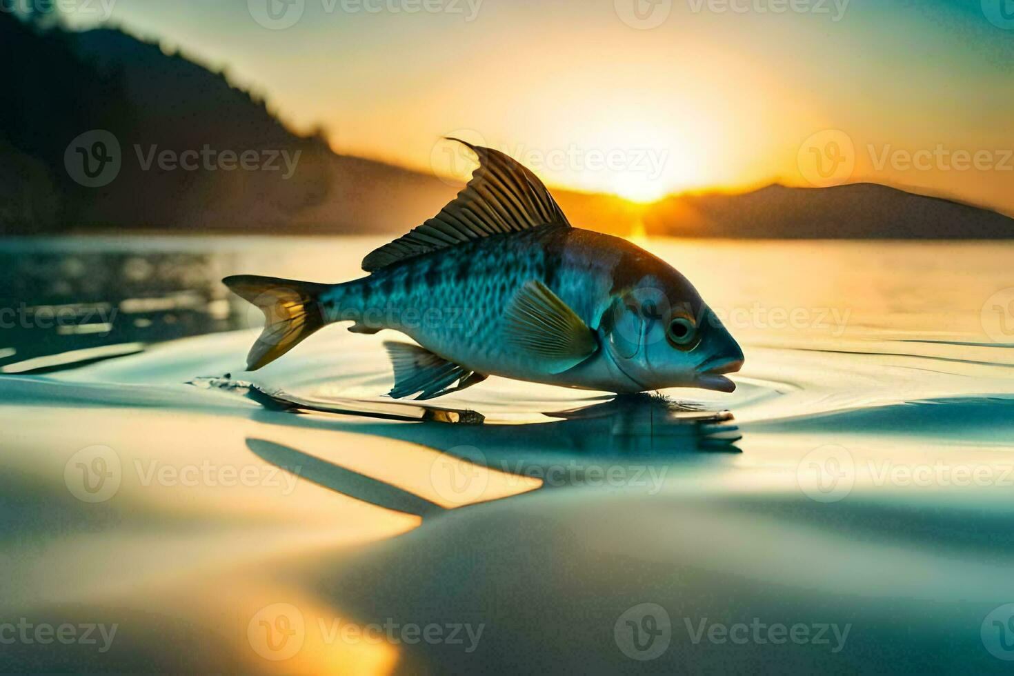 a fish is swimming in the water at sunset. AI-Generated photo