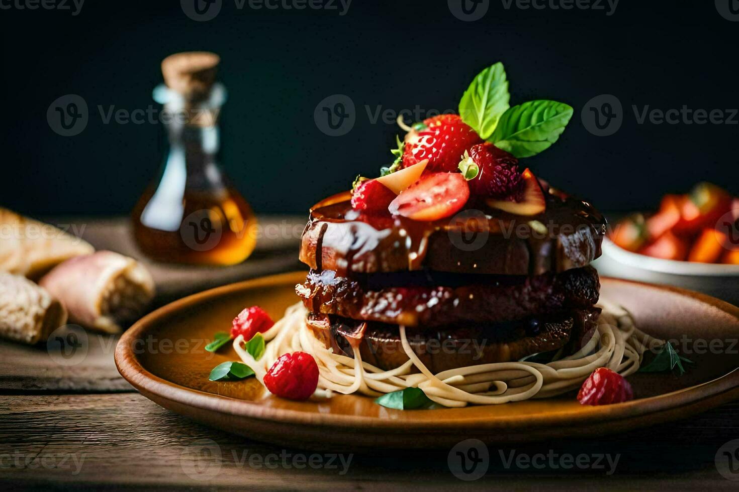 a stack of pancakes with strawberries and syrup. AI-Generated photo