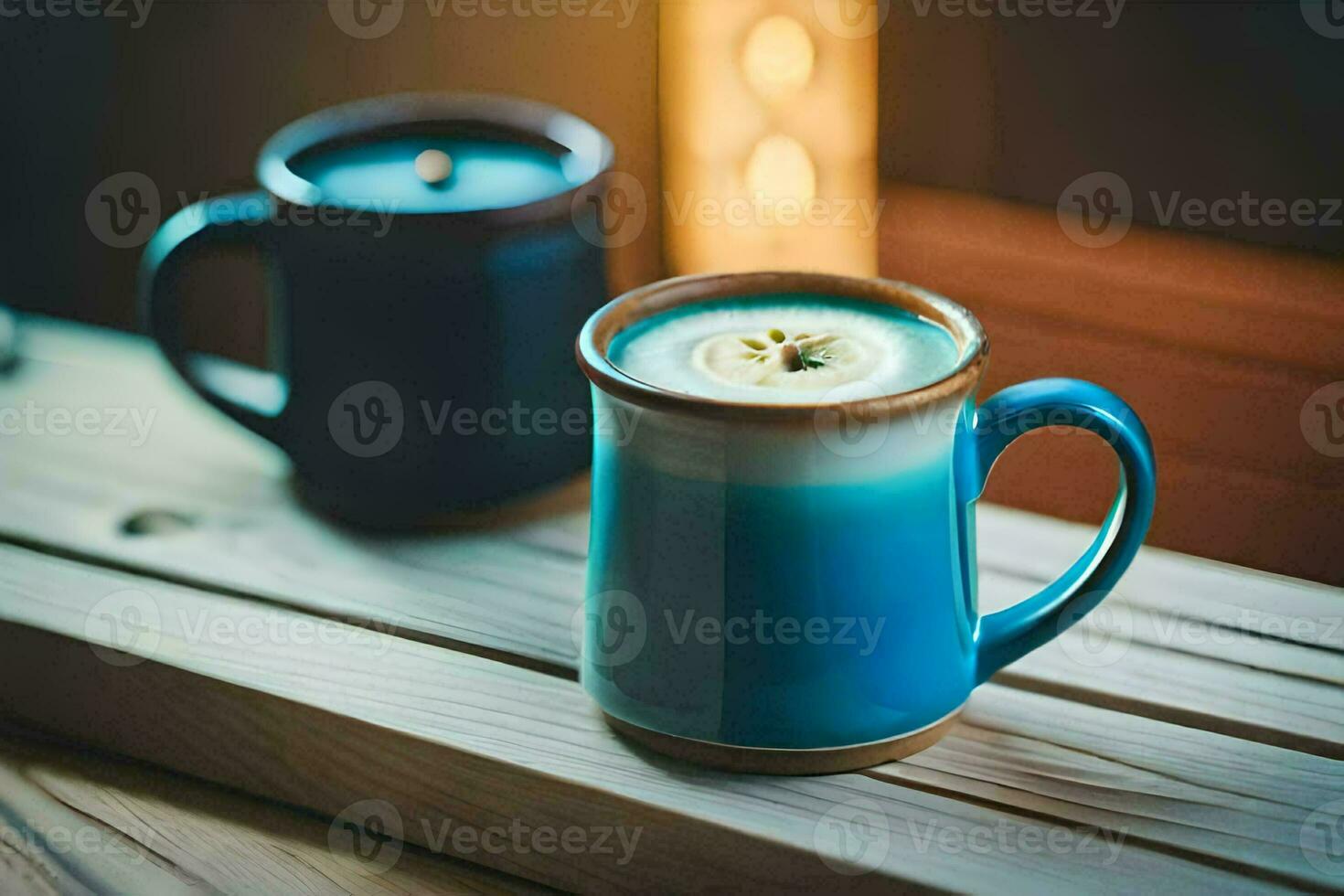 two blue mugs with a candle on a wooden table. AI-Generated photo