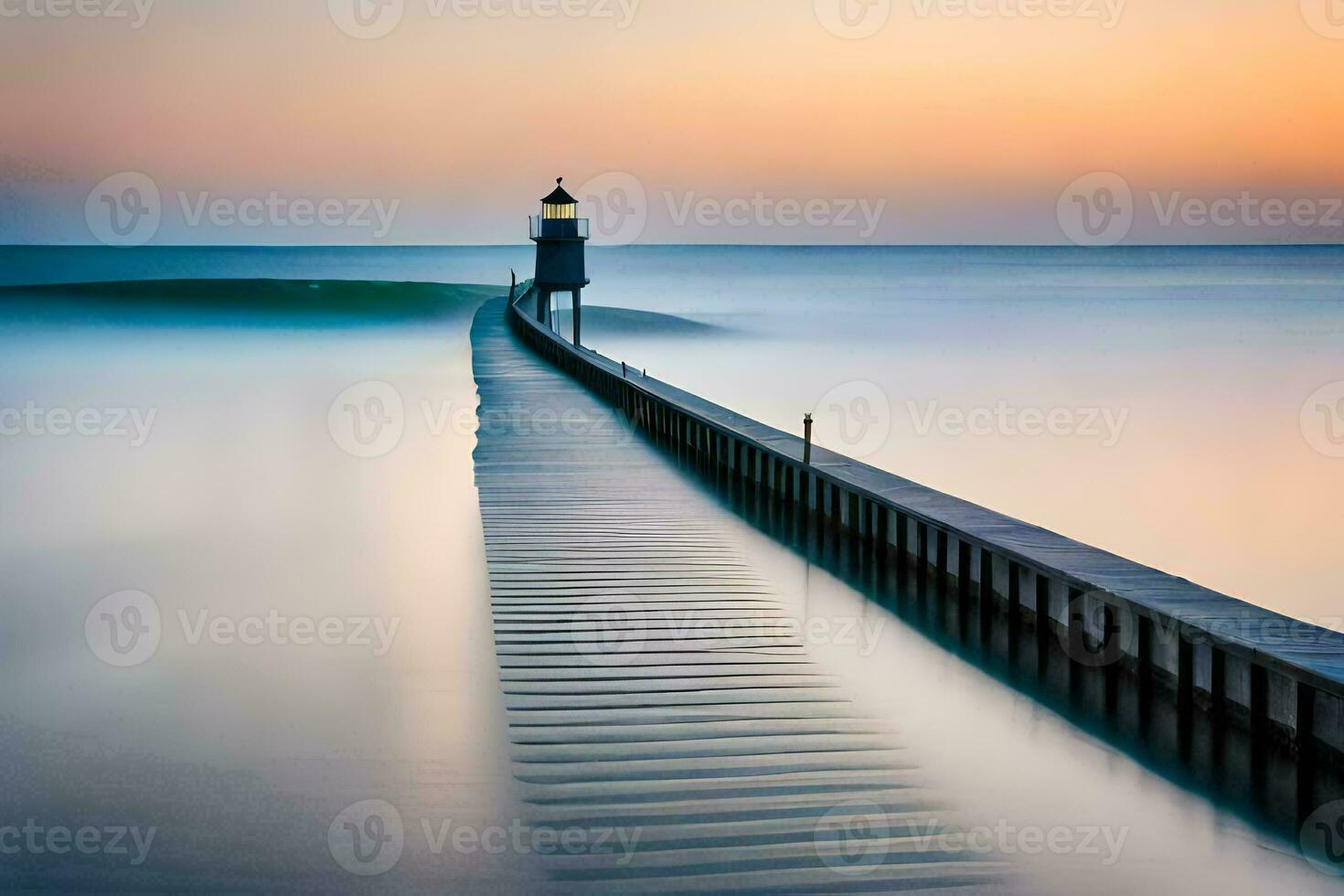 a long exposure photograph of a lighthouse at sunset. AI-Generated photo
