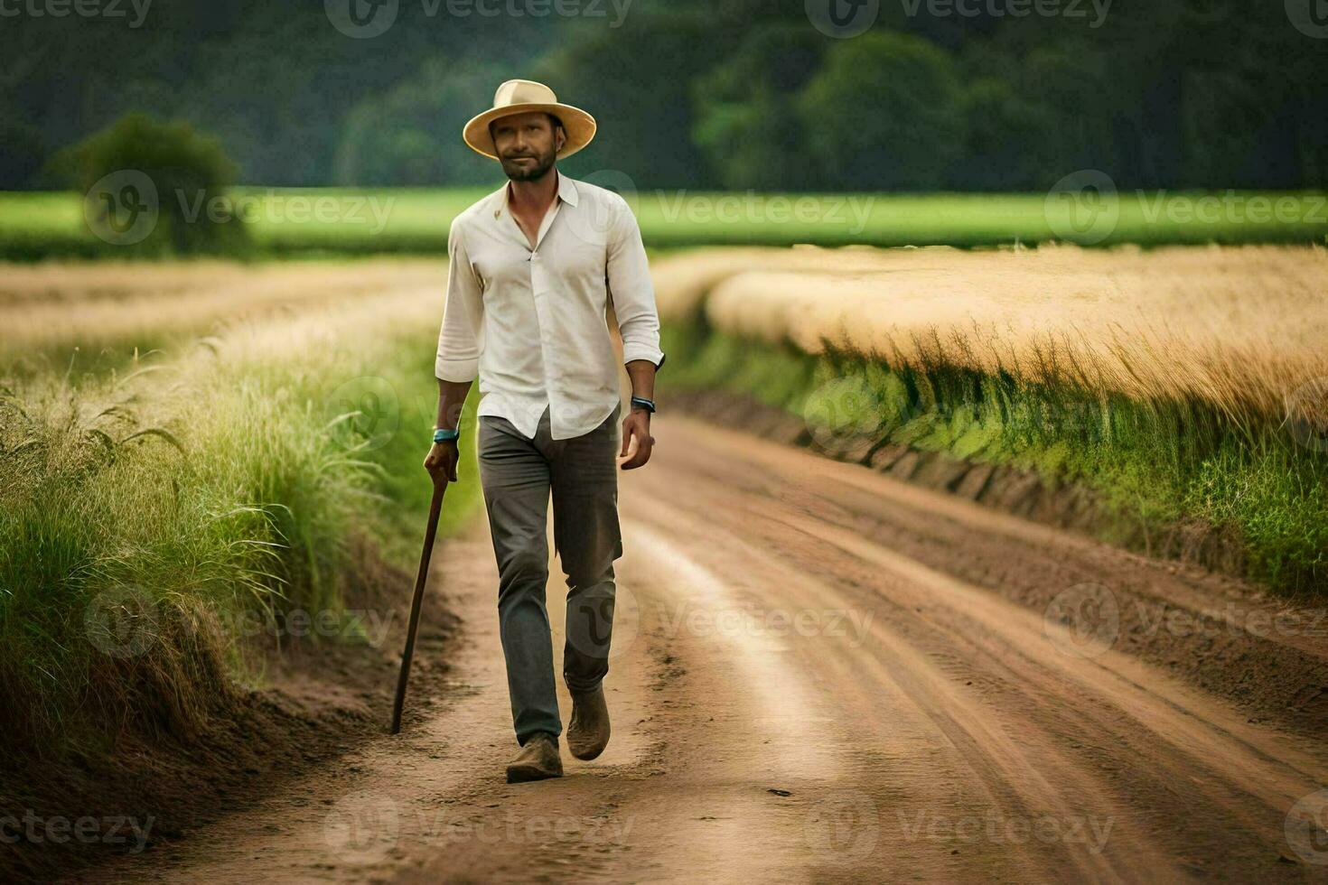 a man in a hat walking down a dirt road. AI-Generated photo