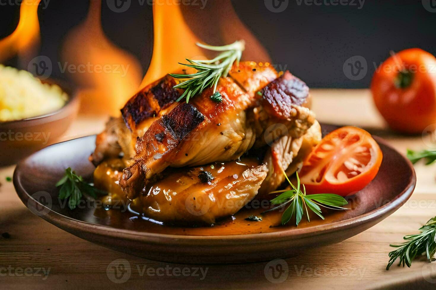 chicken with rosemary and tomatoes on a wooden table. AI-Generated photo