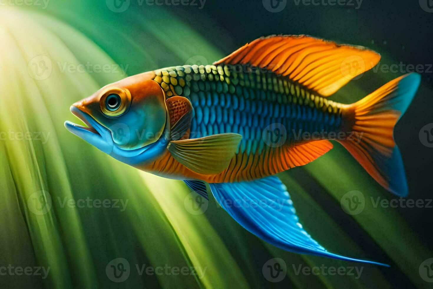 a fish with bright colors is swimming in the water. AI-Generated photo