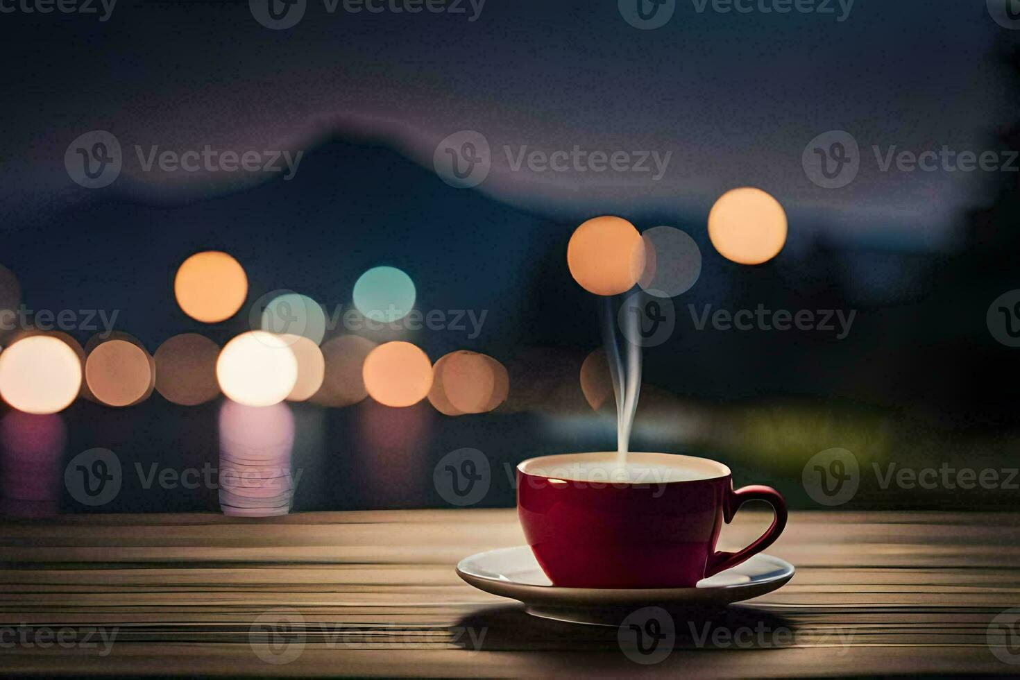 a cup of coffee on a wooden table with a bokeh background. AI-Generated photo