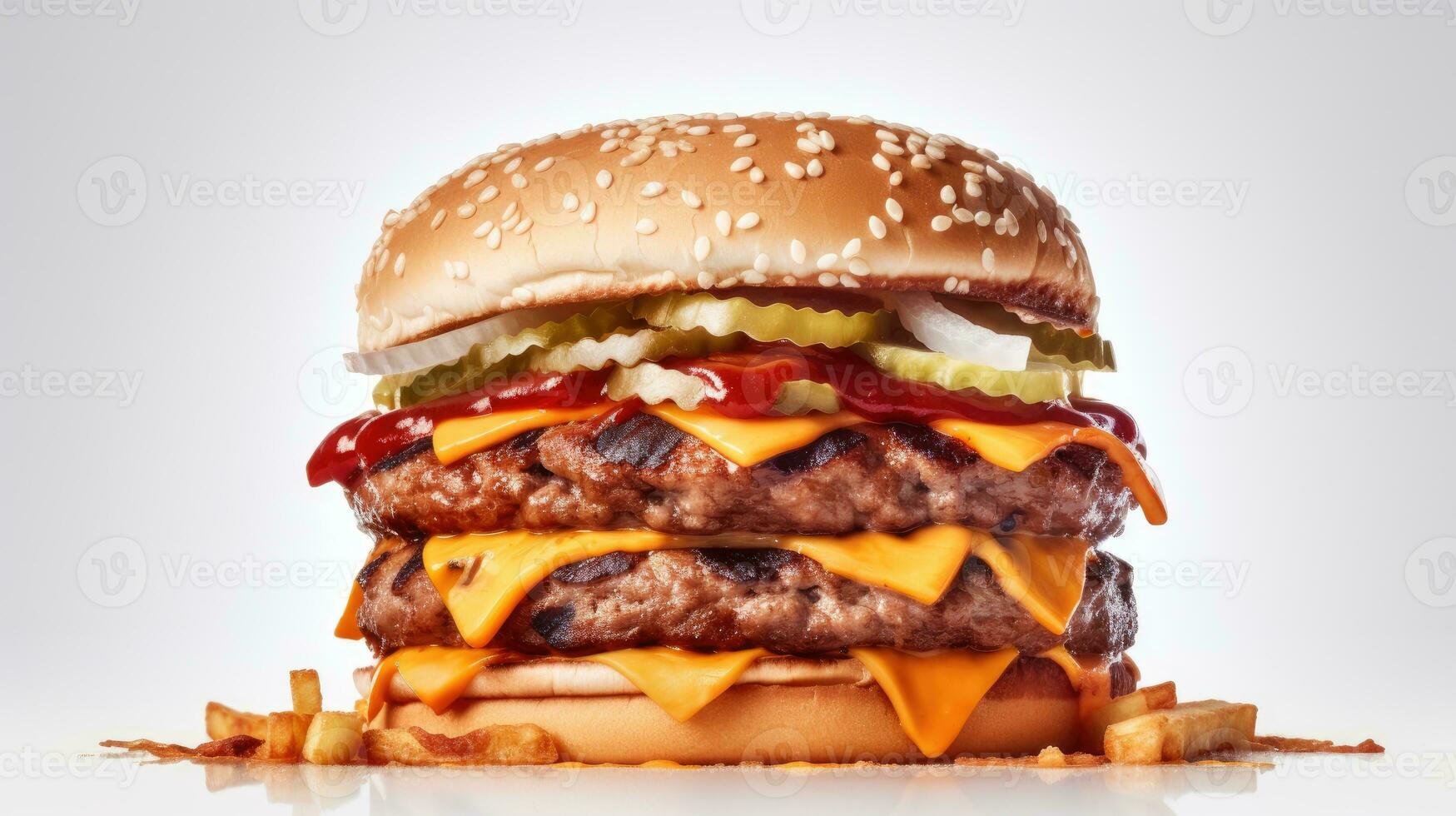 Burger in white background. Hot tasty spice meat and cheese melting hamburger. AI Generated photo