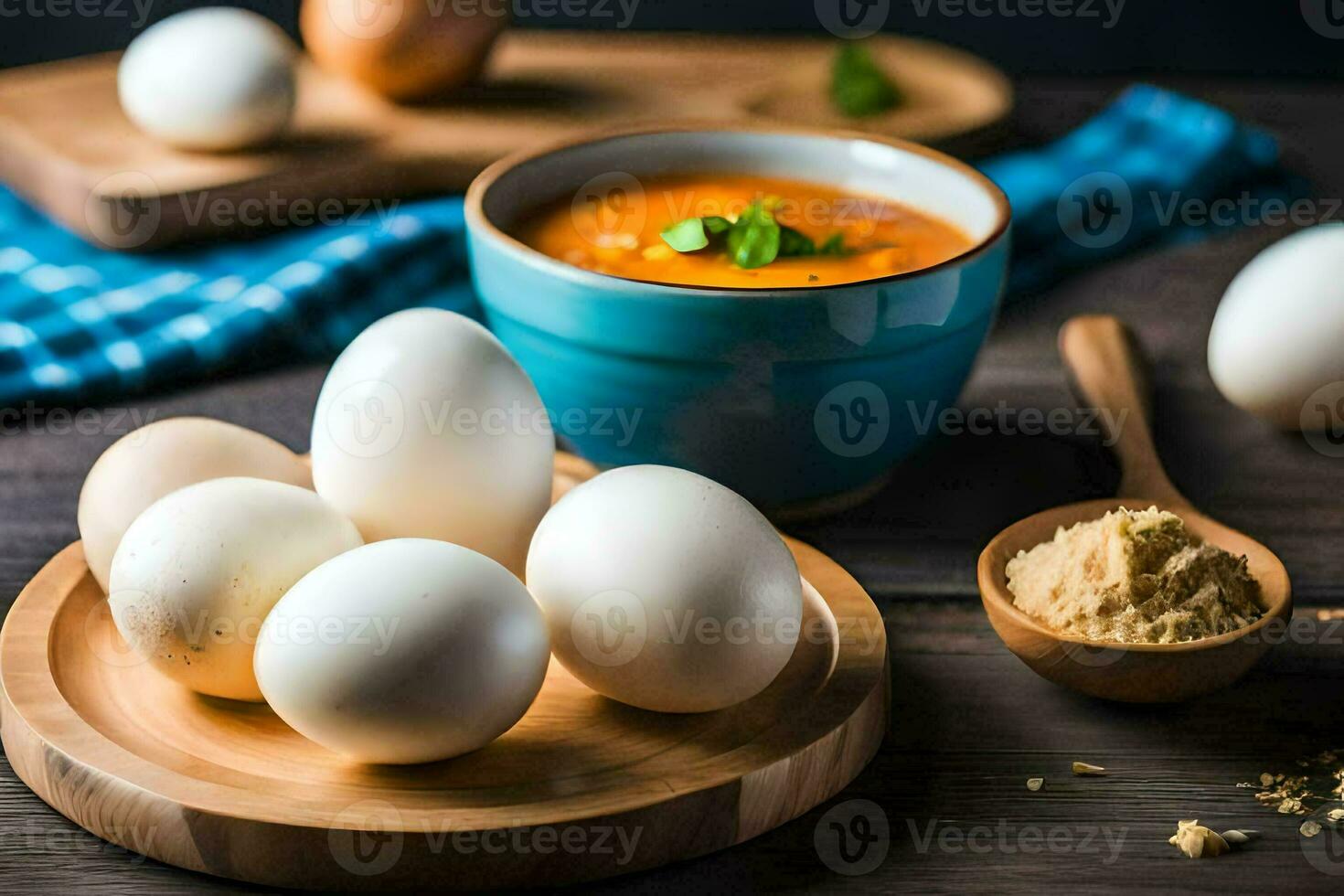 eggs and soup on a wooden table. AI-Generated photo