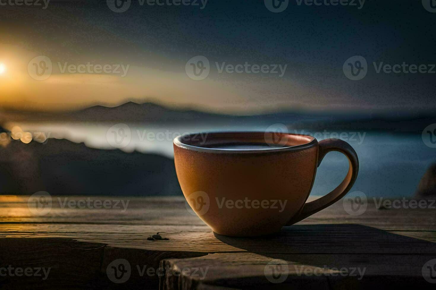 a cup of coffee on a wooden table in front of a beautiful sunset. AI-Generated photo