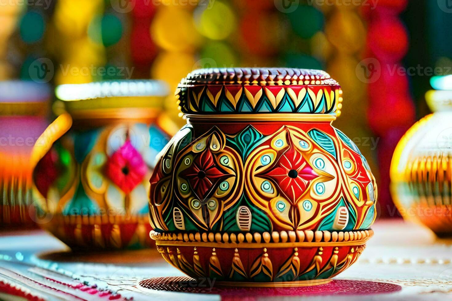 colorful vases are sitting on a table. AI-Generated photo