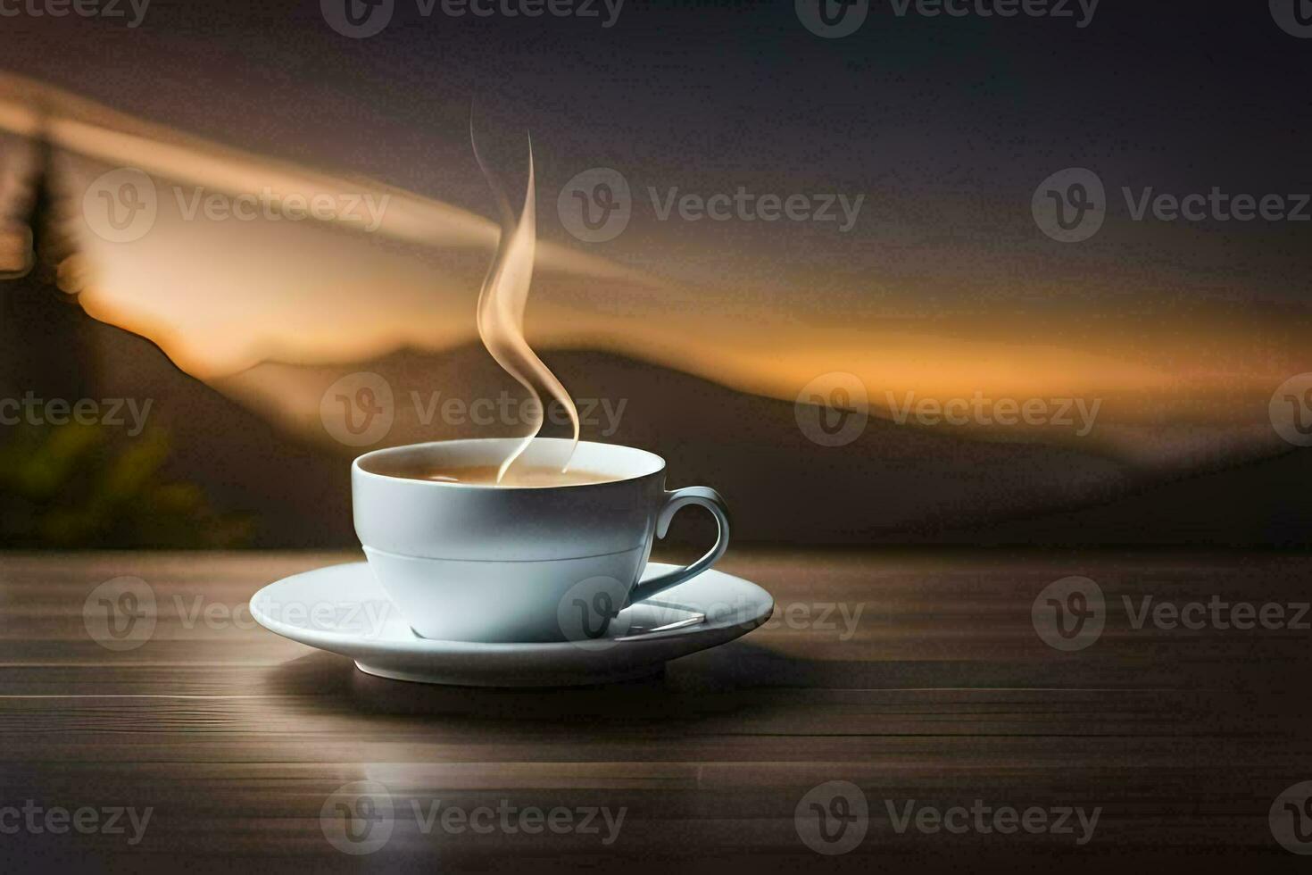 a cup of coffee on a wooden table with a mountain in the background. AI-Generated photo